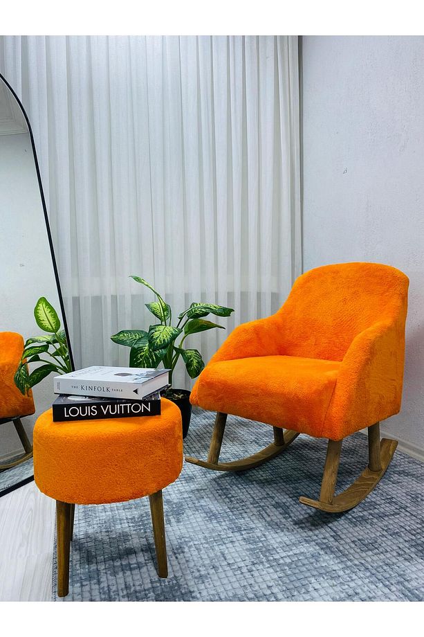 Sallanan Berjer Koltuk Puf Hediyeli Retro Ahşap Ayaklı Balkon Seti - 2