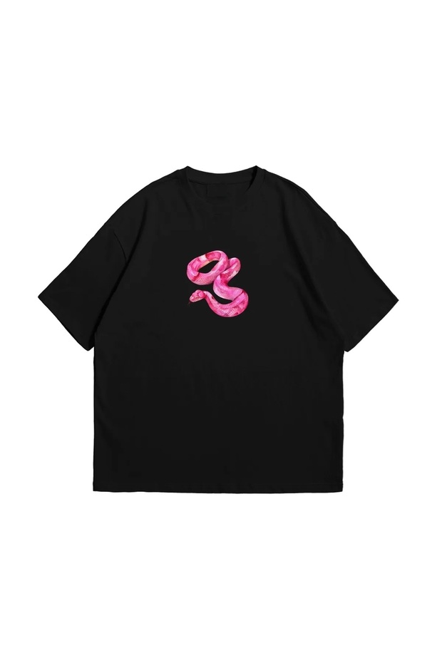 Women's Pink Snake Printed Black Oversize T-Shirt