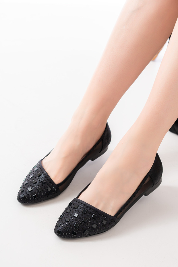 Black Stone Flat Sole Side Transparent Daily Women's Ballerina Shoes