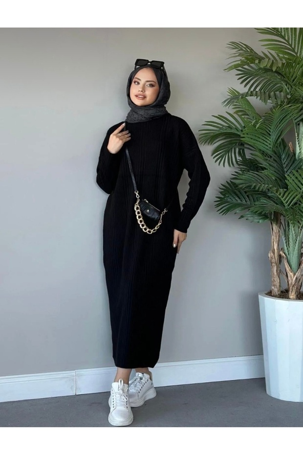 Fitilli Triko Elbise Siyah - 1