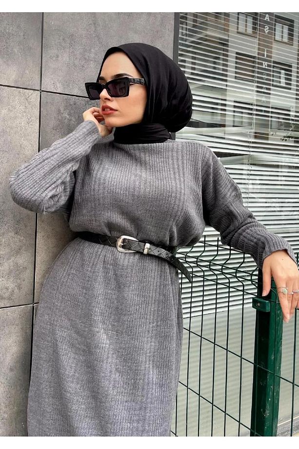 - Fitilli Triko Elbise Füme - 3