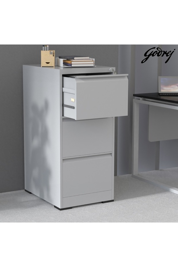 Godrej 3 Drawer Steel Filing Cabinet with Secure Lock, Steel, and Grey Powder-Coated Finish - 6