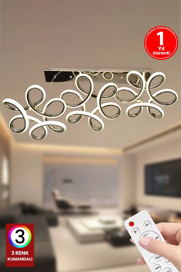 Orkide Üçlü 3 Renk Kumandalı Led Avize Gümüş Salon Avize Salon Avize Oturma Odası Avize - 5