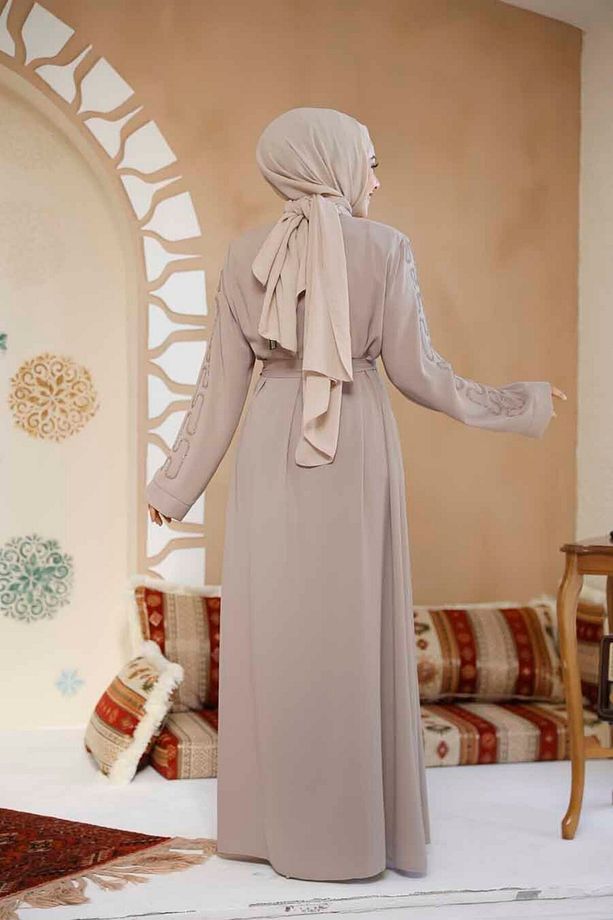 Boncuk İşlemeli Bej Tesettür Abaya 29118BEJ - 6