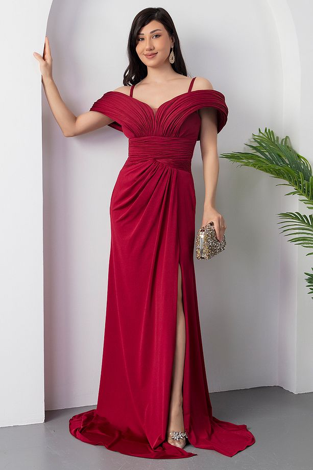 Göğüs Pliseli Yırtmaçlı Abiye Elbise ECR5474 - 4