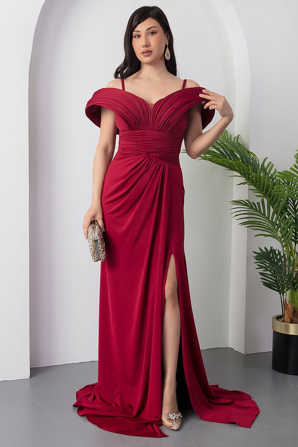 Göğüs Pliseli Yırtmaçlı Abiye Elbise ECR5474 - 3