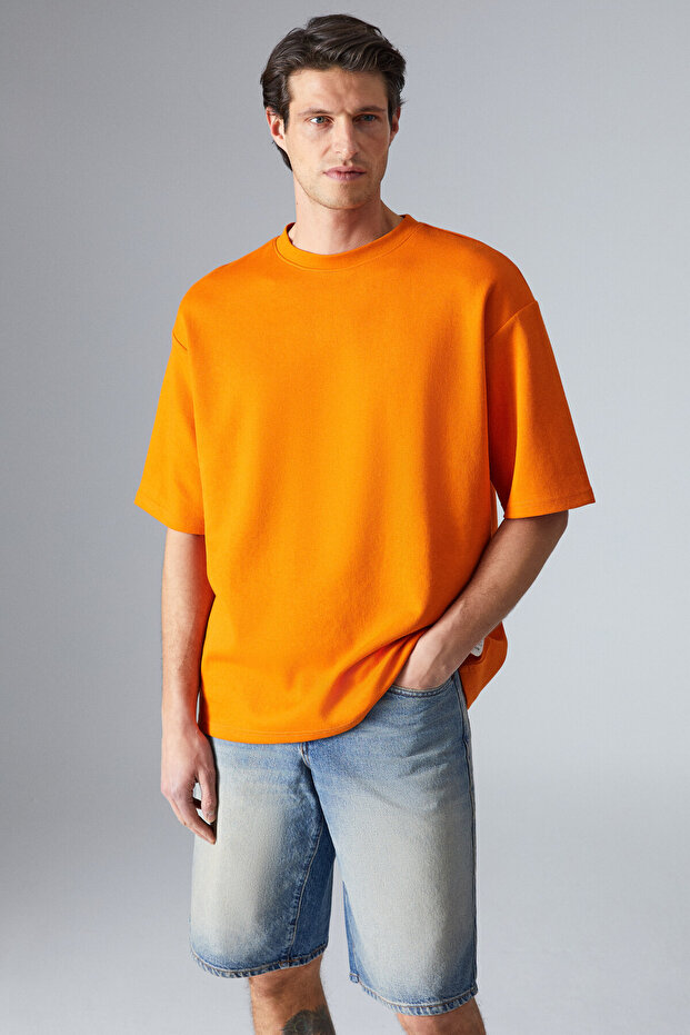 Joel Men's 100% Organic Cotton Thick Fabric Custom Textured Label Detailed Oversize Orange T-Shirt