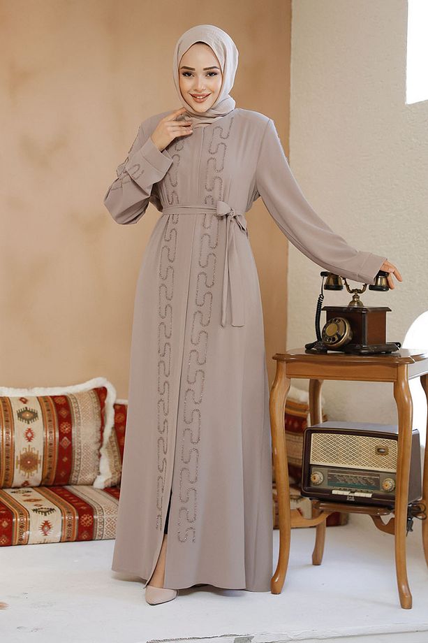 Boncuk İşlemeli Bej Tesettür Abaya 29118BEJ - 4