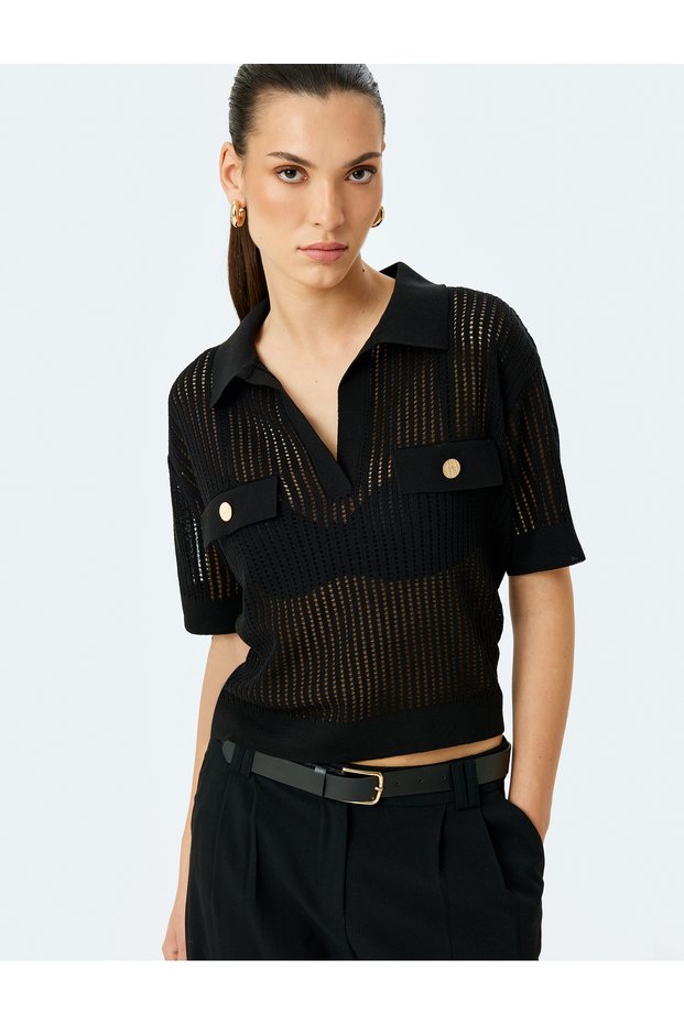 Applique Detailed Buttoned Short Sleeve Openwork Polo Neck Crochet Sweater