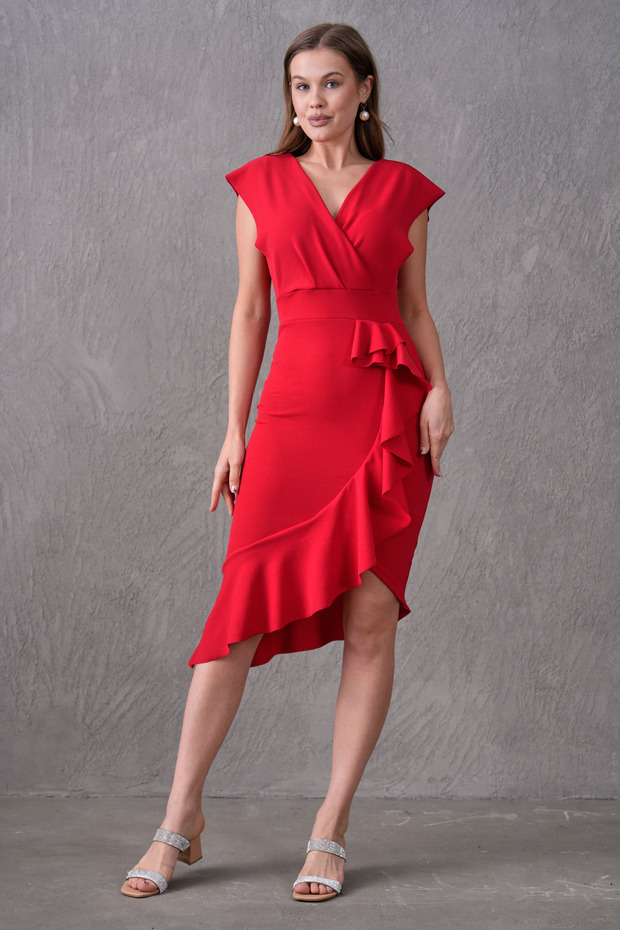 Women's Red Crepe Fabric Double Breasted Neckline Flounce Detail Dress 583160