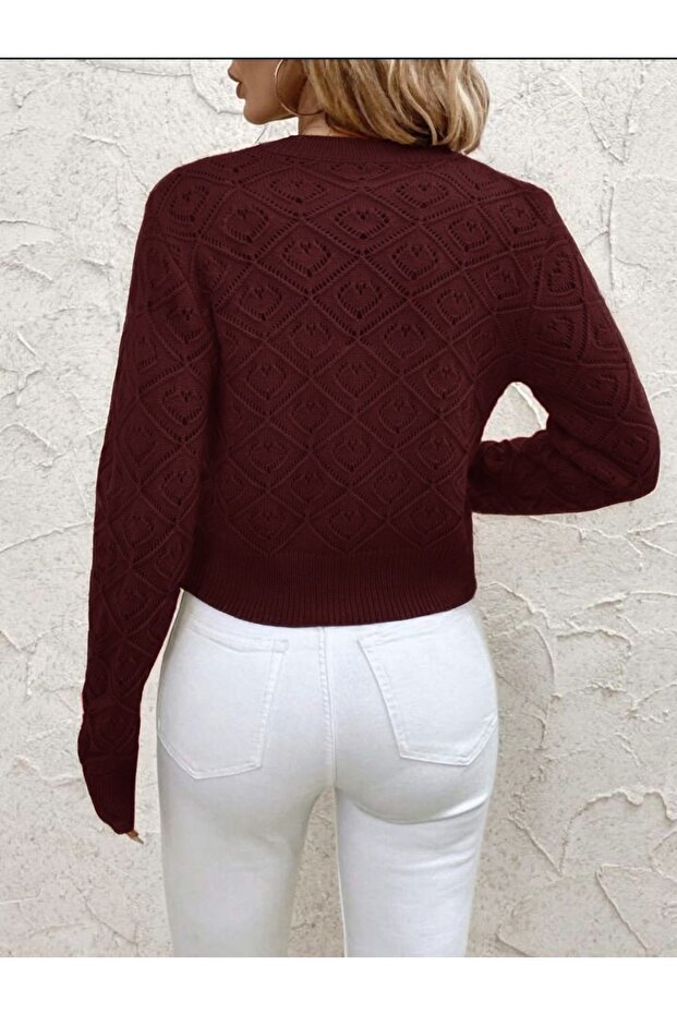 سترة صوفية مخرمة بنمط الماس وأزرار متوسطة - 2