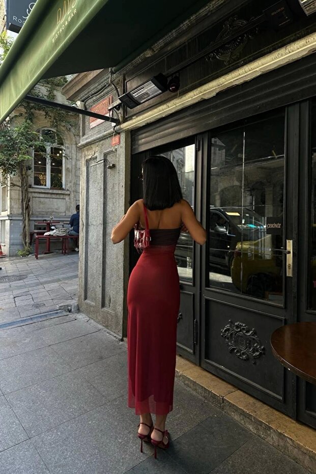 Renk Geçişli Tül Detaylı Uzun Elbise - 2