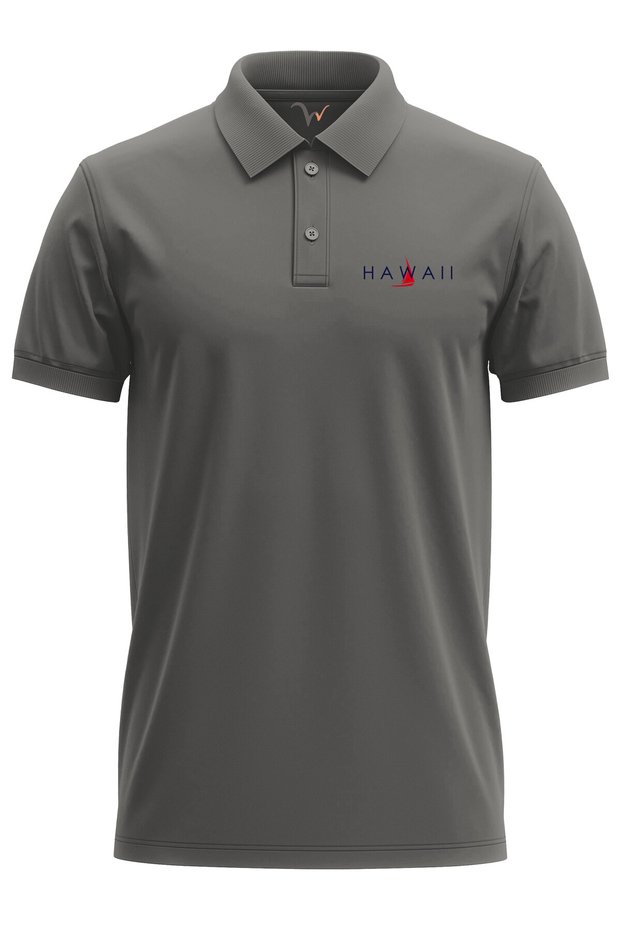 Hawaii Written Boat Printed Sea Summer 100% Cotton Regular Fit Polo Neck Gray T-Shirt