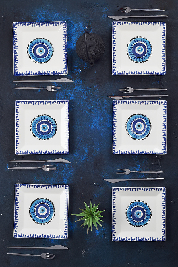 Set of 6 Stylish Design Handmade Evil Eye Pattern Cake Plates Presentation Set Serving Plates Dessert Plate 20cm