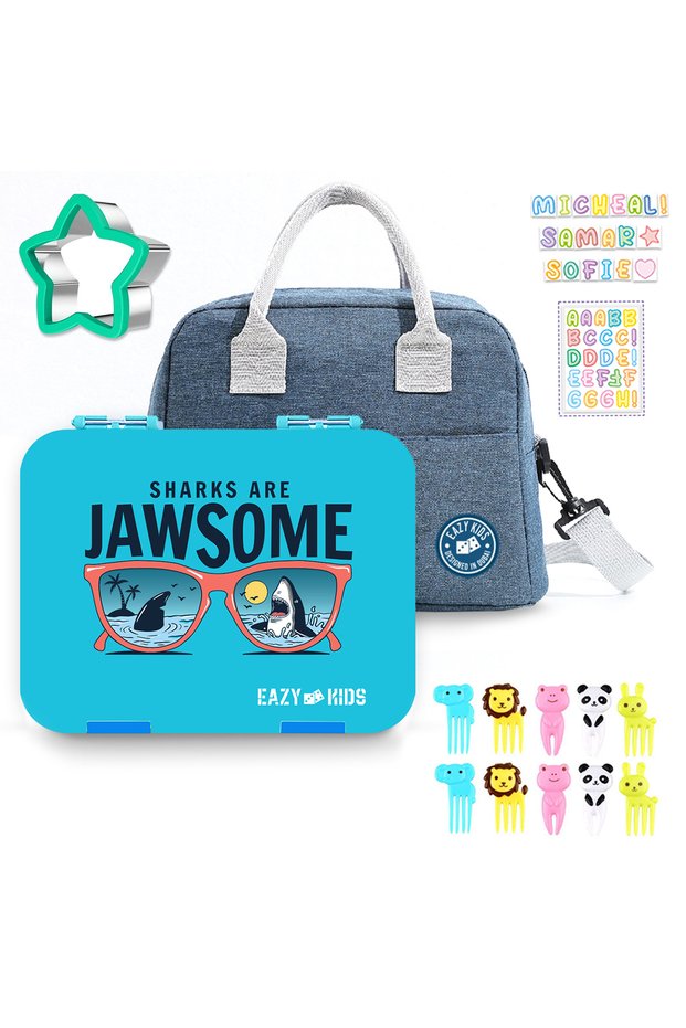 Eazy Kids Jawsome 6 / 4 Compartment Bento Lunch Box w / Lunch Bag - Blue