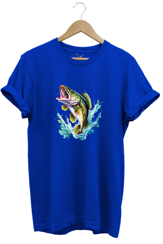 Fishing Fishing Perch Fish Sea Printed 100% Cotton Regular Fit Crew Neck Blue T-Shirt