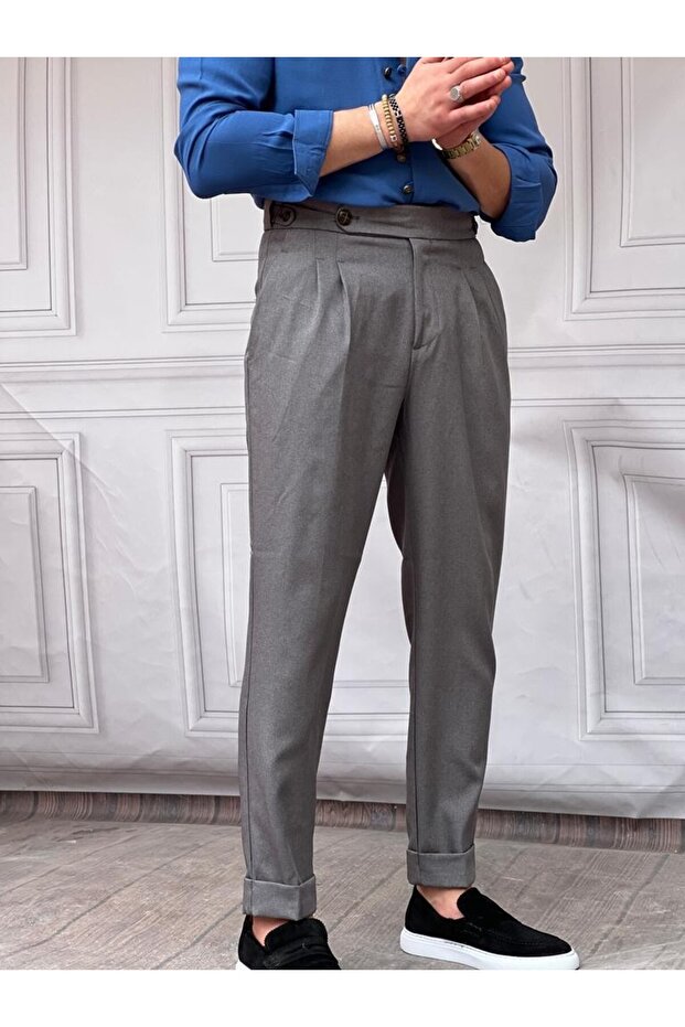 Men's Gray Single Button Detailed Italian Cut Pleated Trousers