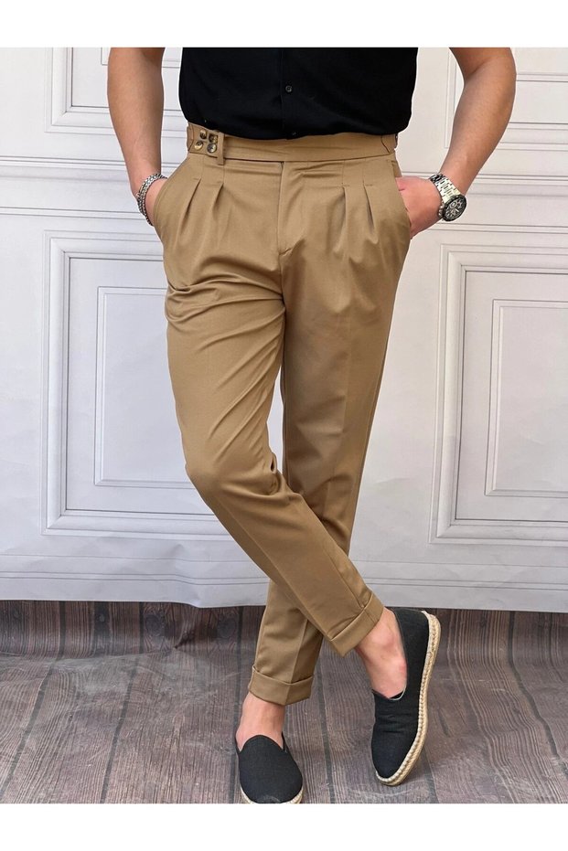 Men's Tan Comfortable Fit Shalwar Cut Fabric Trousers