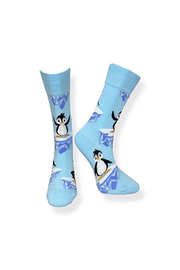 Tekli Unisex Penguen Desenli Mavi Renkli Esnek Nem Alabilen Pamuklu Çorap - 1