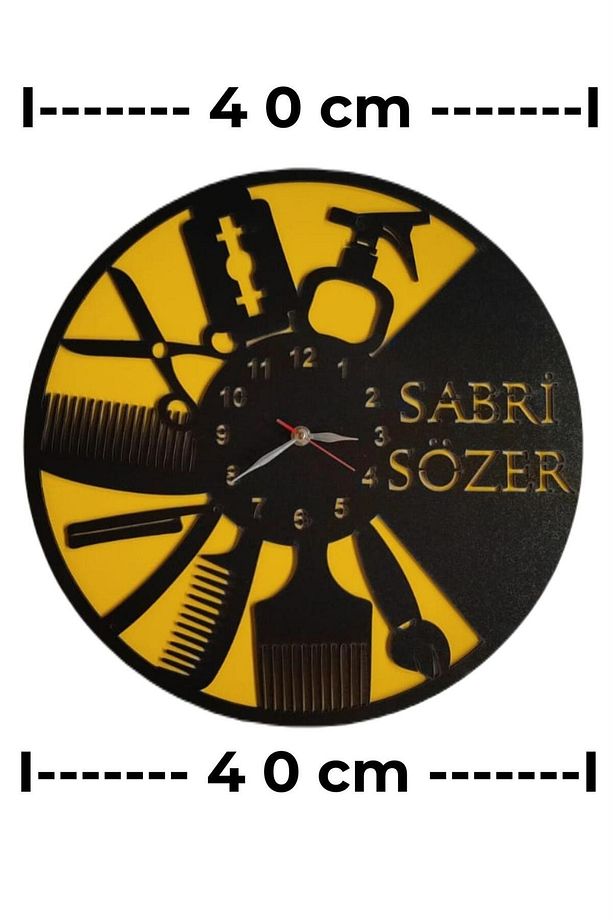 İsme Özel 2 Renk Berber Saati Kuaför Duvar Saati Berber Solunu İçin Saat SARI SİYAH RENK - 3
