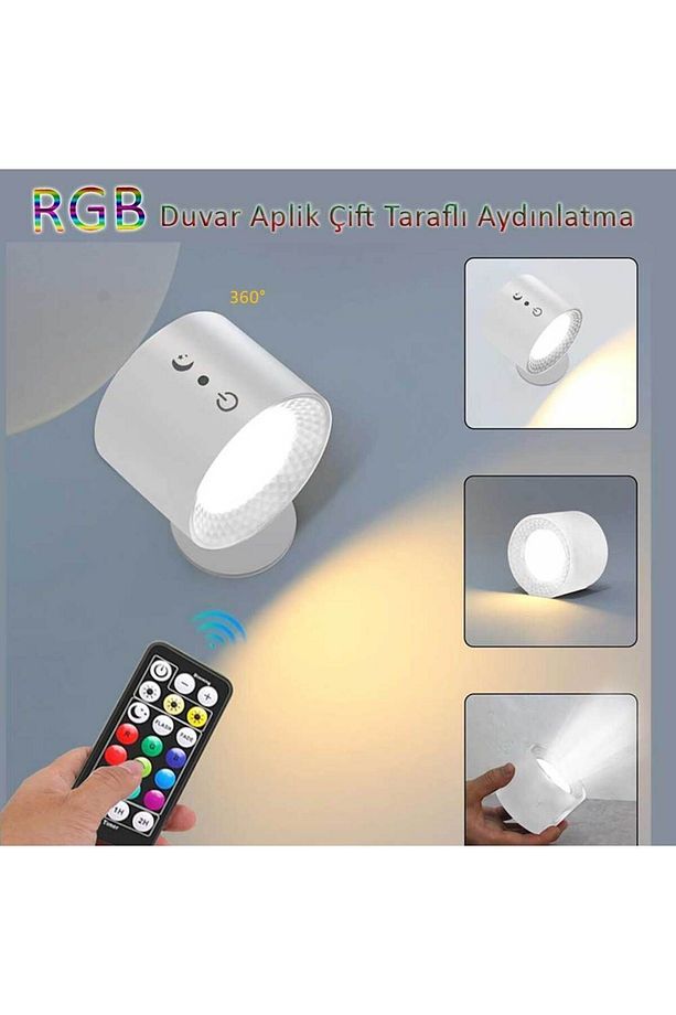 Led RGB Çift Taraflı Şarjlı Kumandalı Duvar Aplik Aydınlatması Beyaz - 3