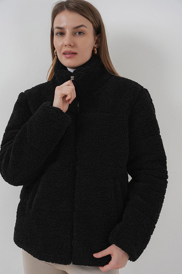 5178 Astarlı Peluş Mont - Siyah - 5