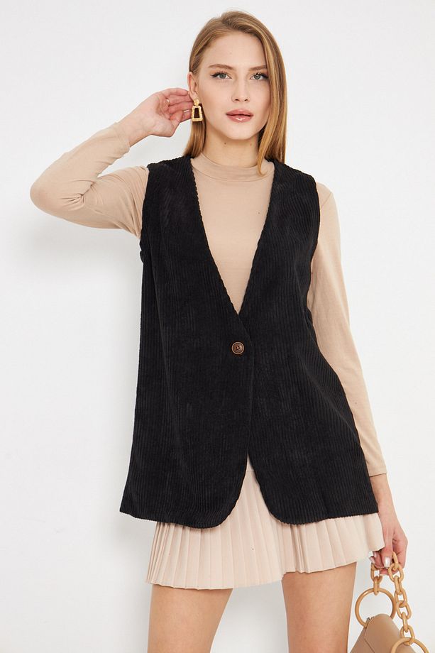 Kadın Siyah V Yaka Tek Düğmeli Oversize Kalın Fitilli Kadife Yelek ARM-25K001016 - 4