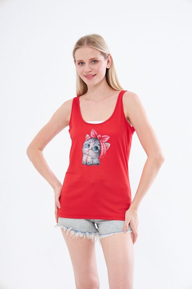 Sports Athlete's Undershirt with Thick Straps and Cat Print in Red Color