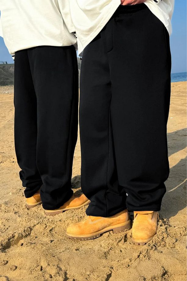 Yüksek Bel Unisex Basic Baggy Bol Kalıp Oversize Eşofman Altı Siyah Gri - 6
