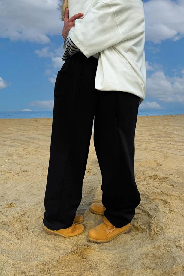 Yüksek Bel Unisex Basic Baggy Bol Kalıp Oversize Eşofman Altı Siyah Gri - 7