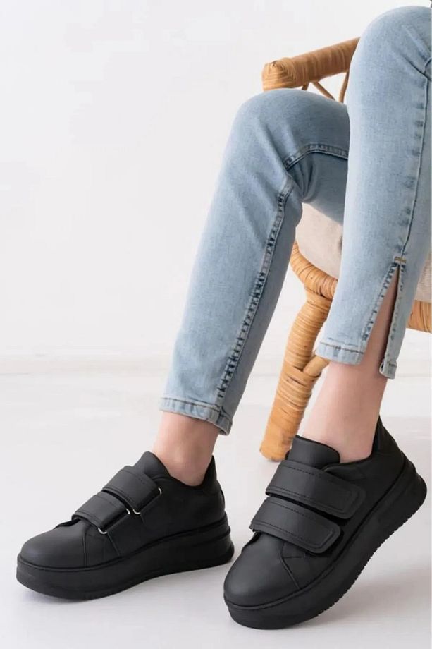 Kalın Tabanlı Çift Cırtlı Siyah Spor Ayakkabı Günlük Ayakkabı Sneaker - 2