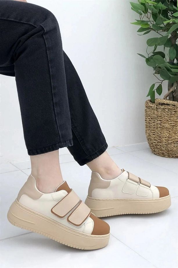 Kalın Tabanlı Çift Cırtlı Taba Spor Ayakkabı Günlük Ayakkabı Sneaker - 4