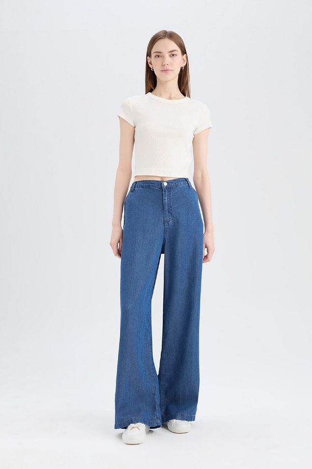 Pull On Wide Leg Yüksek Bel Uzun Yumuşak Jean Yıkamalı Pantolon D8239AX25SM - 3