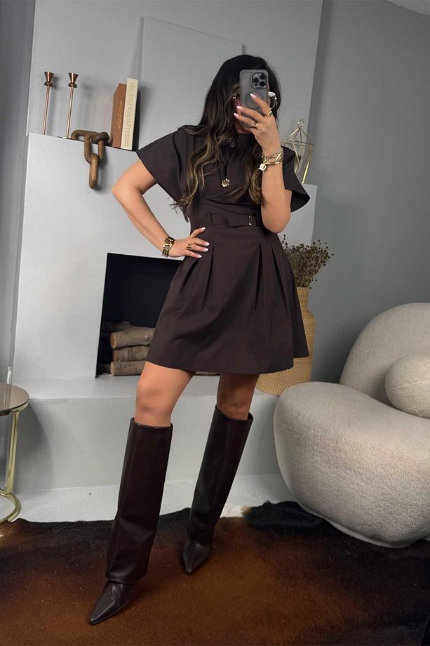 Poplin Kumaş Kemerli Elbise Acı Kahve - 5