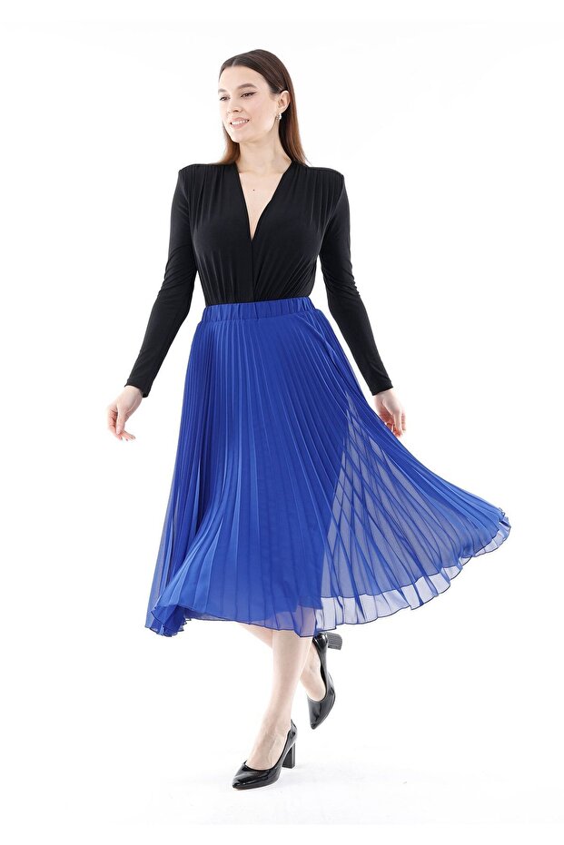 Midi Length Elastic Waist Cobalt Blue Lined Pleated Chiffon Skirt