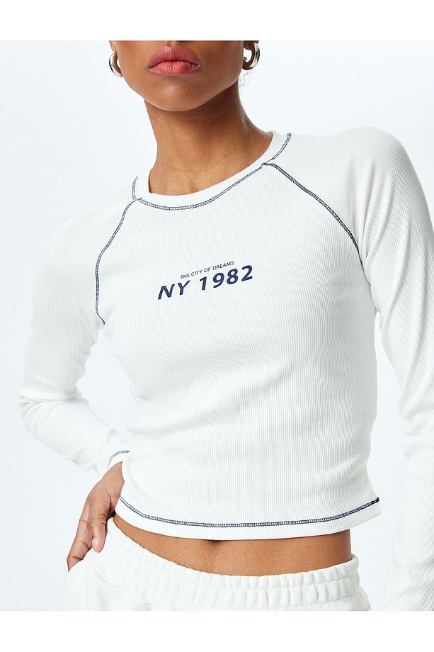 Bisiklet Yaka Uzun Kollu Slogan Baskılı Tshirt - 5