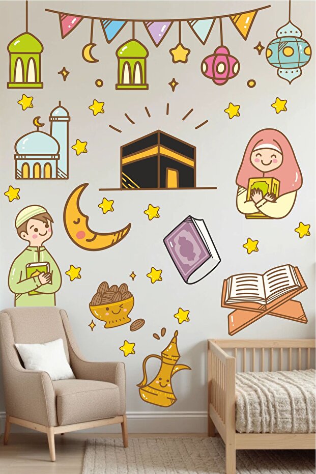 ديكورات رمضان، مجموعة ملصقات زجاجية وحائط على شكل دب رمضان، مجموعة ملصقات ترحيب رمضان