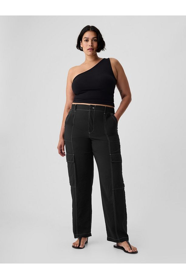 Kadın Siyah Mid Rise Pull-On Kargo Pantolon - 5