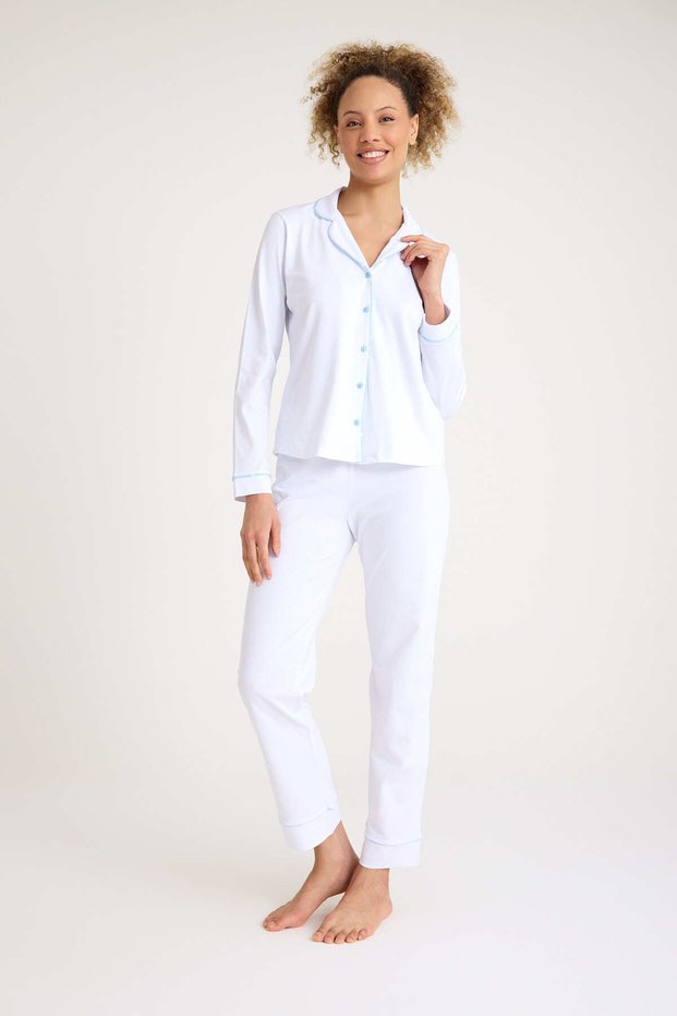 95% Cotton 5% Elestan White Color Blue Ribbed Premium Quality Women's Pajamas Set