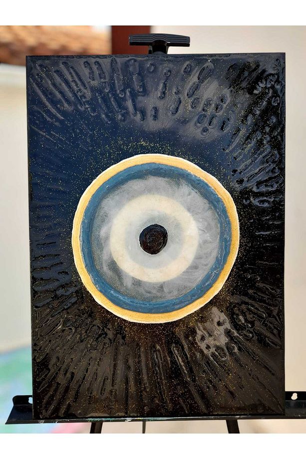 El Yapımı Nazar Temalı 3D Duvar Tablosu - Alçı & Epoksi, Akrilik Boya ve Sim Detaylı Tablo, 35x50 cm - 5