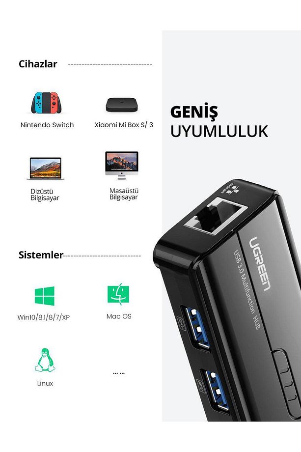 Usb 3.0 Gigabit Ethernet Dönüştürücü Ve 3 Port Usb Hub Çoklayıcı - 8