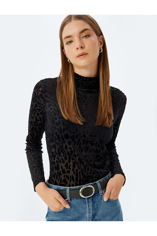 Leopard Print Semi-Transparent Velvet Body Stand Collar Long Sleeve Slim Fit