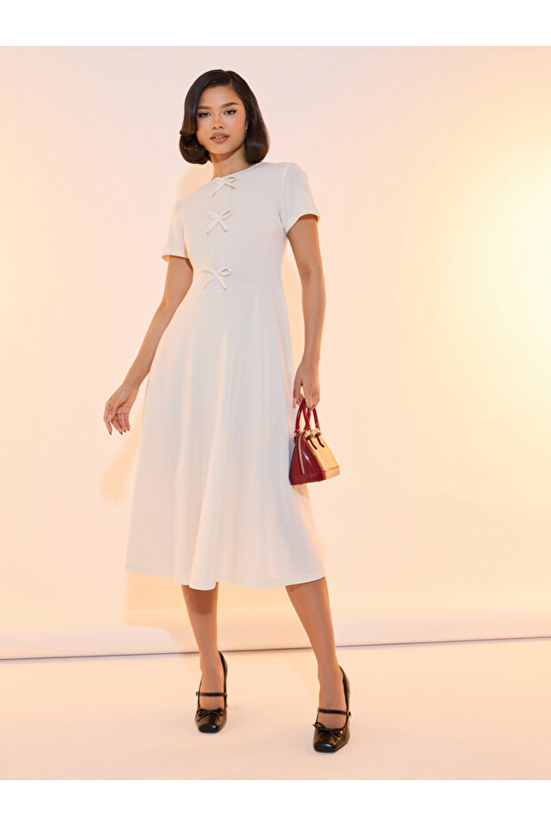 Bow Accent Round Neck A-Line Midi Dress