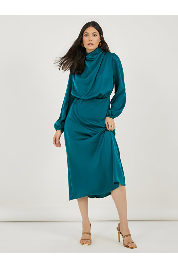 Satin Look Draped Cowl Neck Sheath Midi Dress