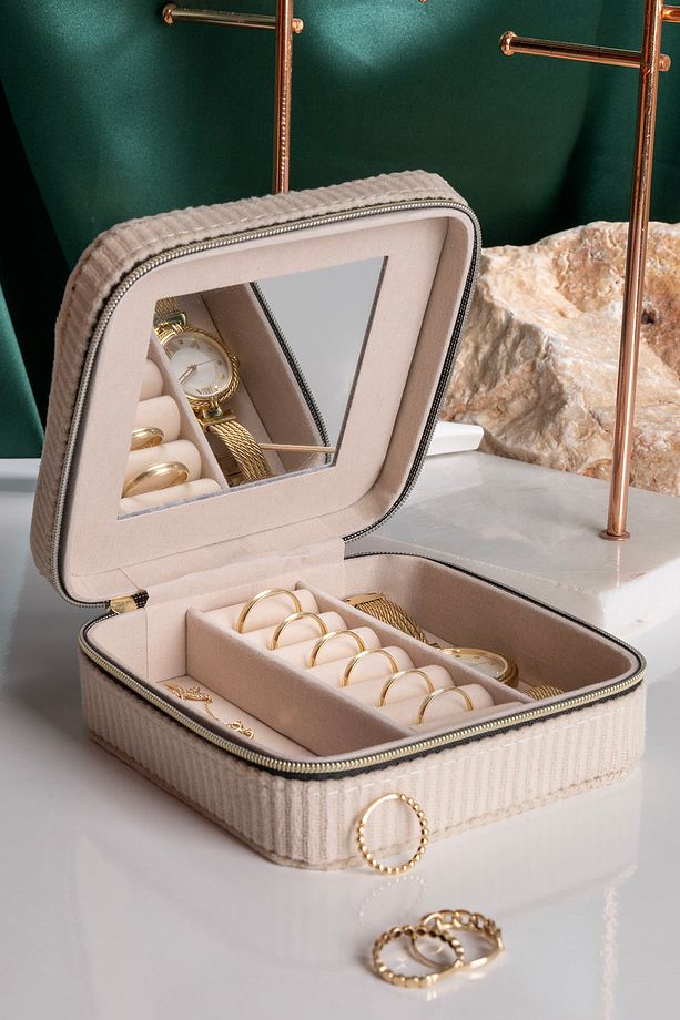 Kare Aynalı Ekru Fitili Kadife Mücevher, Organizer, Takı Kutusu 12 X 12 X 5 Cm - 2