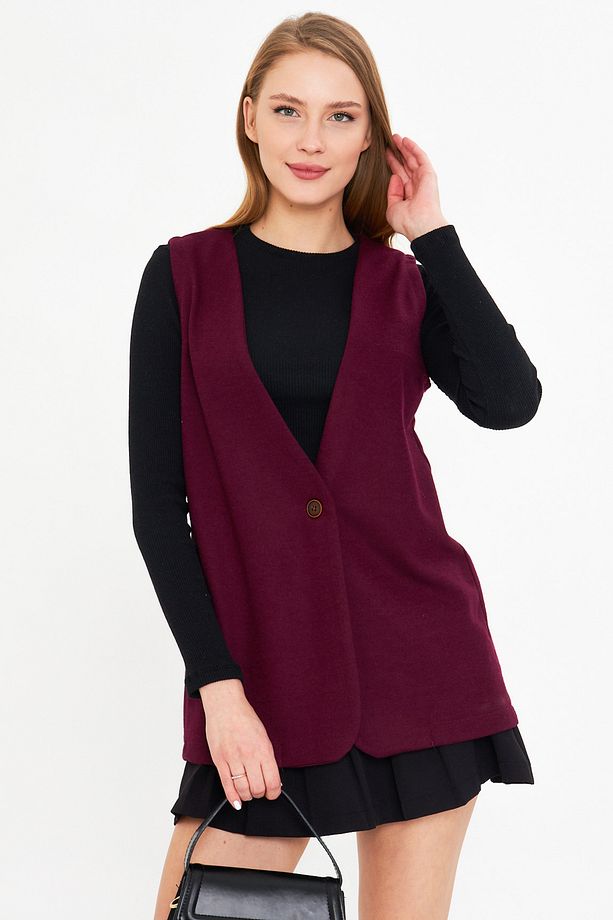 Kadın Mürdüm V Yaka Tek Düğmeli Oversize Desenli Yelek ARM-25K001110 - 4