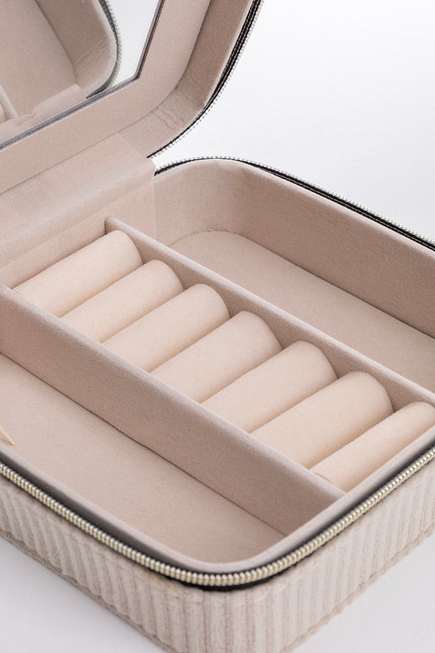 Kare Aynalı Ekru Fitili Kadife Mücevher, Organizer, Takı Kutusu 12 X 12 X 5 Cm - 6