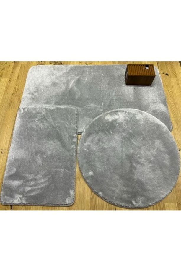 Gri 3'lü Peluş Yıkanabilir Banyo Paspas Seti  (60x100) (60x40) (60x60) Yuvarlak - 1