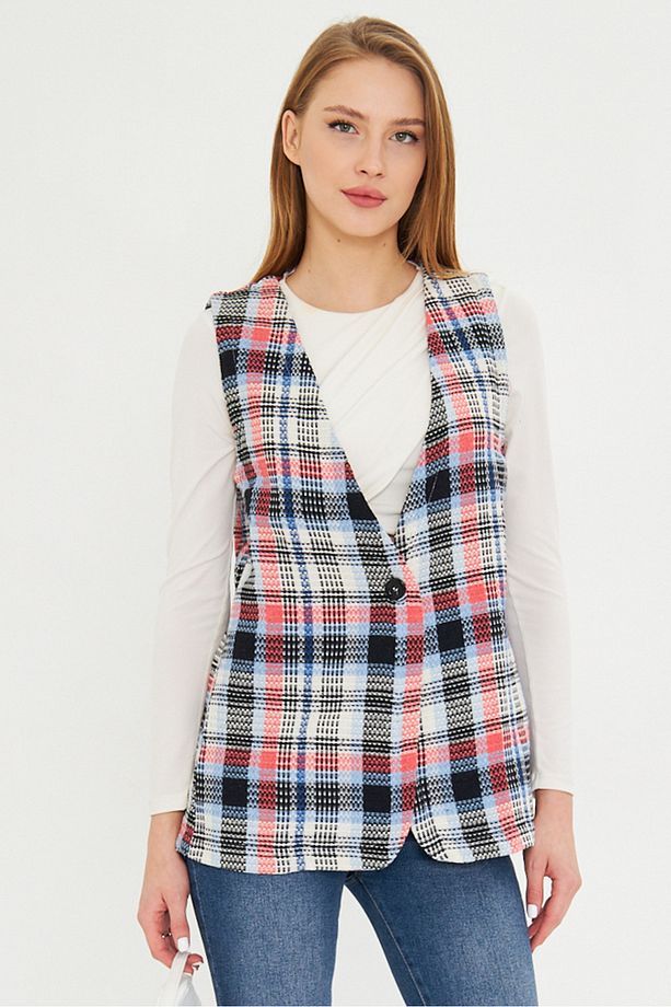 Kadın Bebe Mavi V Yaka Tek Düğmeli Oversize Ekoseli Yelek ARM-25K001111 - 4