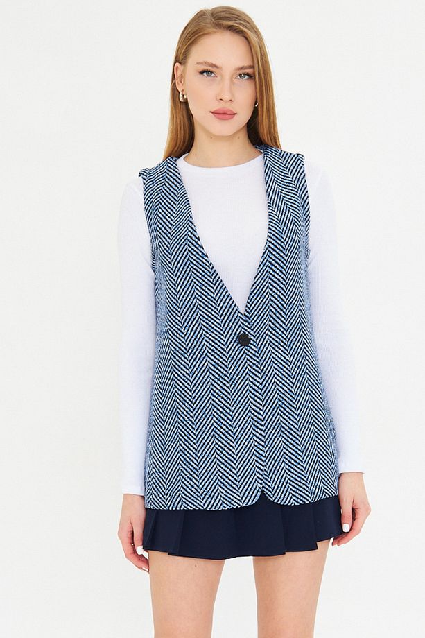 Kadın Mavi V Yaka Tek Düğmeli Oversize Desenli Yelek ARM-25K001110 - 1